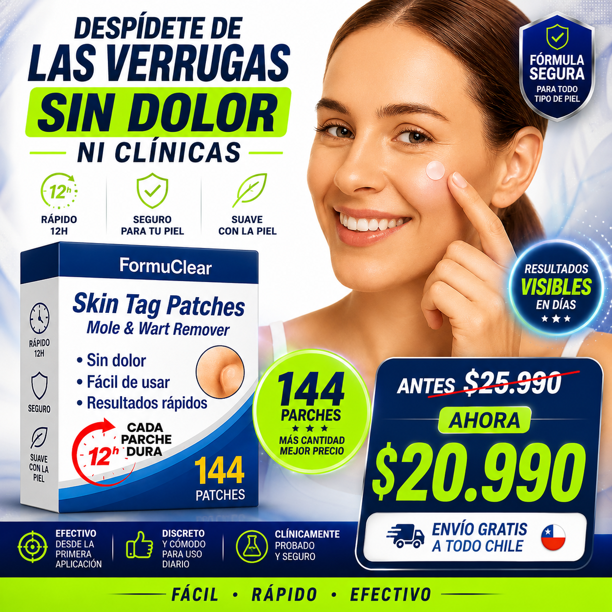 FormuClear Parches – Remueve Verrugas Fácil – Recupera tu confianza sin dolor en casa